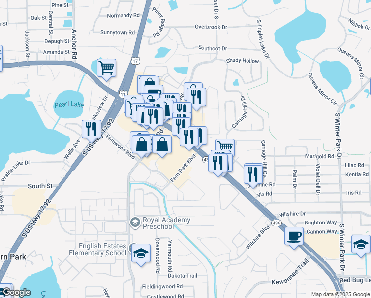 map of restaurants, bars, coffee shops, grocery stores, and more near in Fern Park