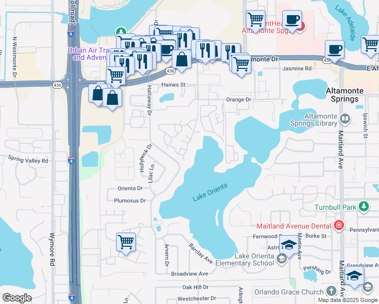 map of restaurants, bars, coffee shops, grocery stores, and more near 366 Waterside Drive in Altamonte Springs