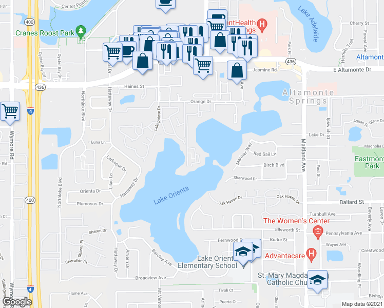 map of restaurants, bars, coffee shops, grocery stores, and more near 532 Orange Drive in Altamonte Springs