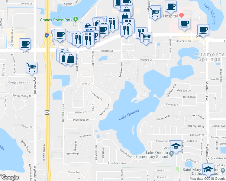 map of restaurants, bars, coffee shops, grocery stores, and more near 366 Waterside Drive in Altamonte Springs