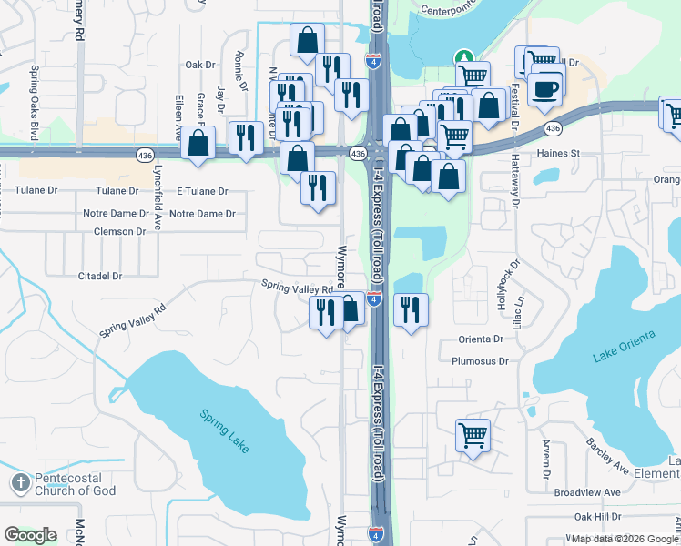 map of restaurants, bars, coffee shops, grocery stores, and more near 285 Wymore Road in Altamonte Springs
