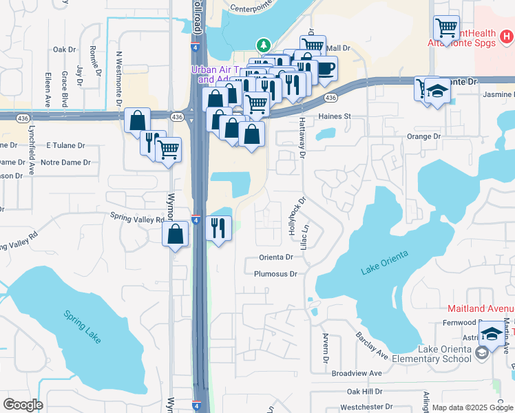 map of restaurants, bars, coffee shops, grocery stores, and more near 315 Northlake Boulevard in Altamonte Springs