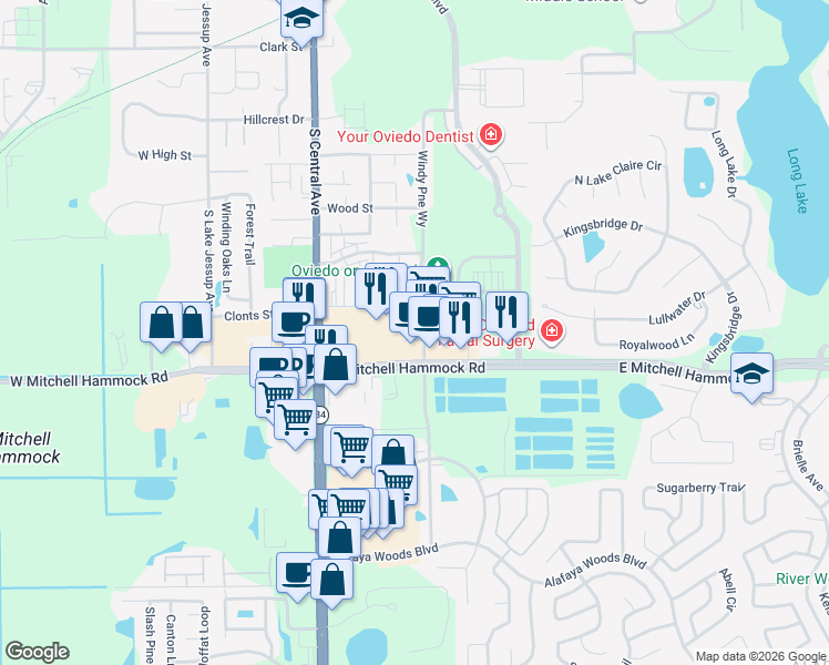 map of restaurants, bars, coffee shops, grocery stores, and more near 940 City Plaza Way in Oviedo