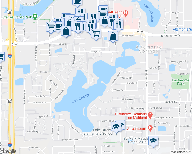 map of restaurants, bars, coffee shops, grocery stores, and more near 532 Orange Drive in Altamonte Springs