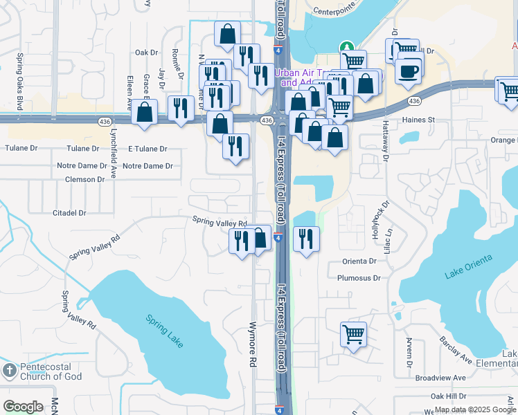 map of restaurants, bars, coffee shops, grocery stores, and more near 305 Wymore Road in Altamonte Springs