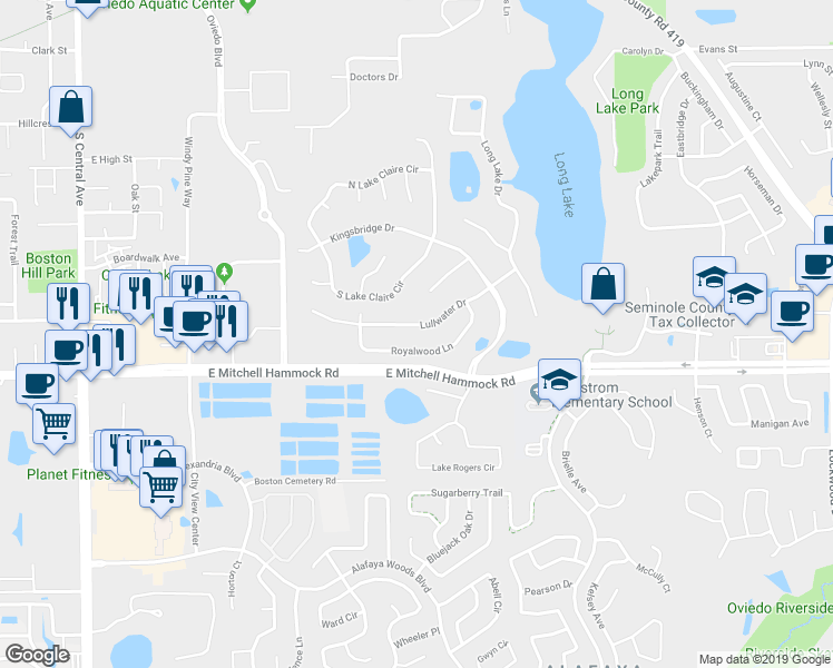 map of restaurants, bars, coffee shops, grocery stores, and more near 853 Lullwater Drive in Oviedo