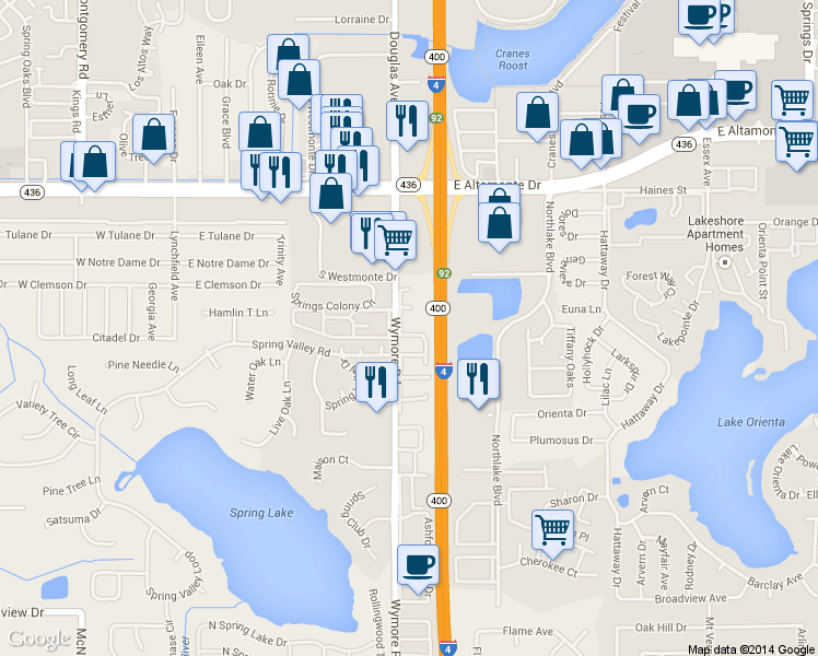 map of restaurants, bars, coffee shops, grocery stores, and more near 285 Wymore Road in Altamonte Springs