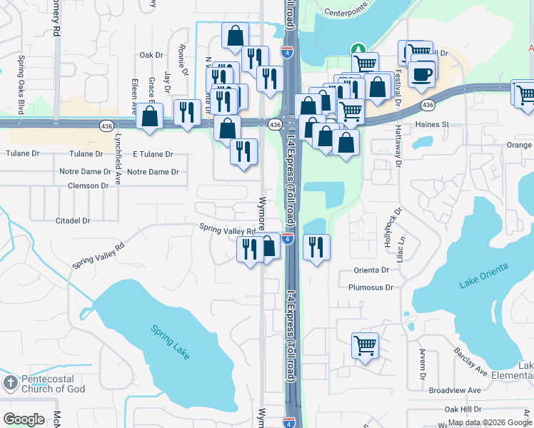 map of restaurants, bars, coffee shops, grocery stores, and more near 285 Wymore Road in Altamonte Springs