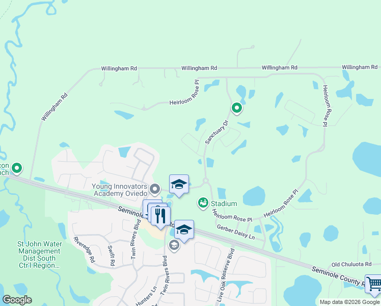 map of restaurants, bars, coffee shops, grocery stores, and more near 3235 Open Meadow Loop in Oviedo