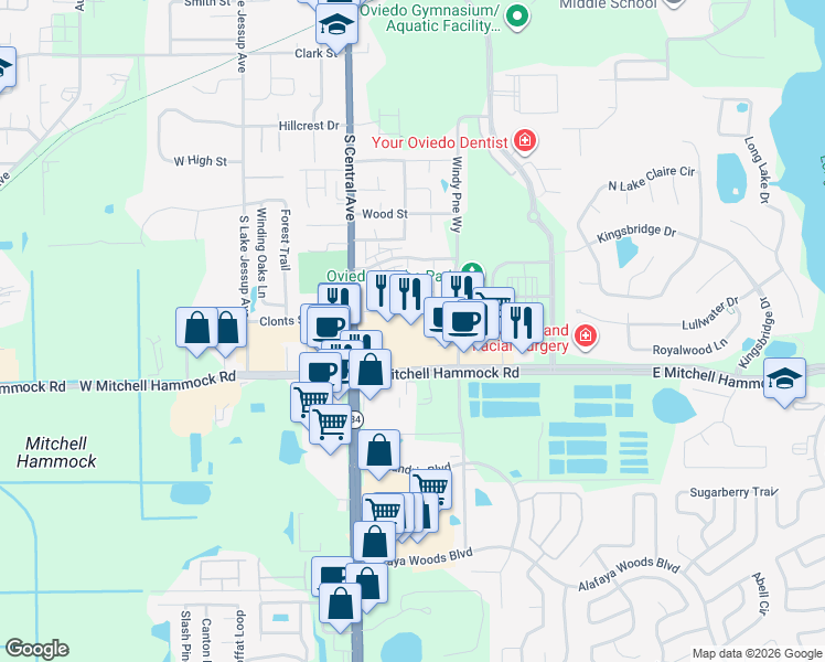 map of restaurants, bars, coffee shops, grocery stores, and more near 197 East Mitchell Hammock Road in Oviedo