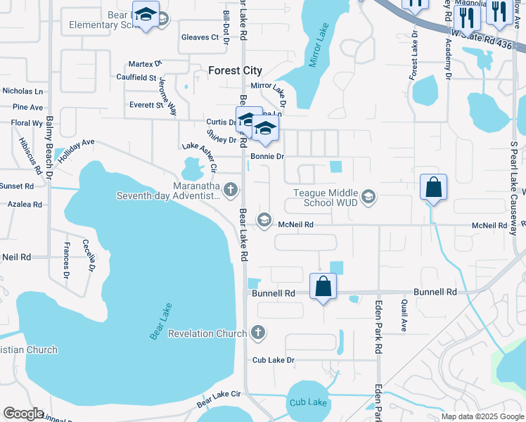 map of restaurants, bars, coffee shops, grocery stores, and more near 3615 McNeil Road in Apopka