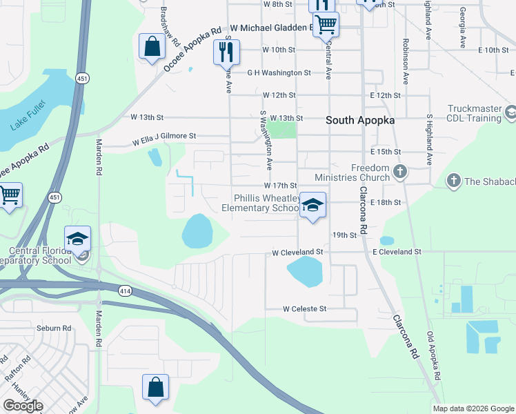 map of restaurants, bars, coffee shops, grocery stores, and more near 281 West 18th Street in Apopka