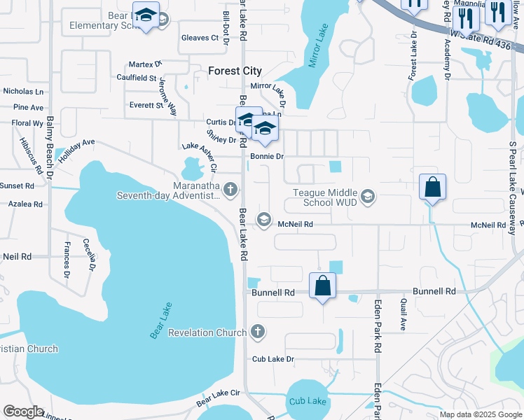 map of restaurants, bars, coffee shops, grocery stores, and more near 3615 McNeil Road in Apopka