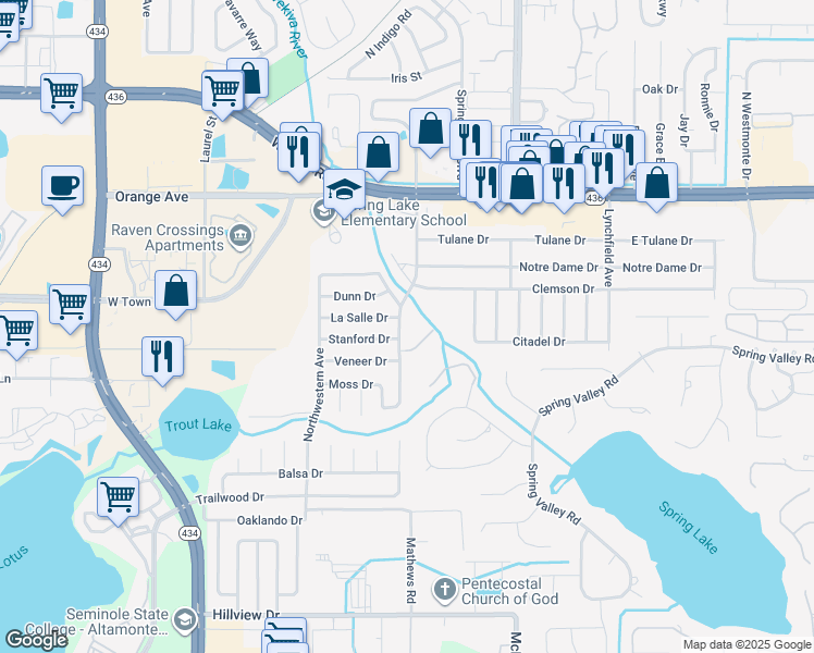 map of restaurants, bars, coffee shops, grocery stores, and more near 385 Weathersfield Avenue in Altamonte Springs