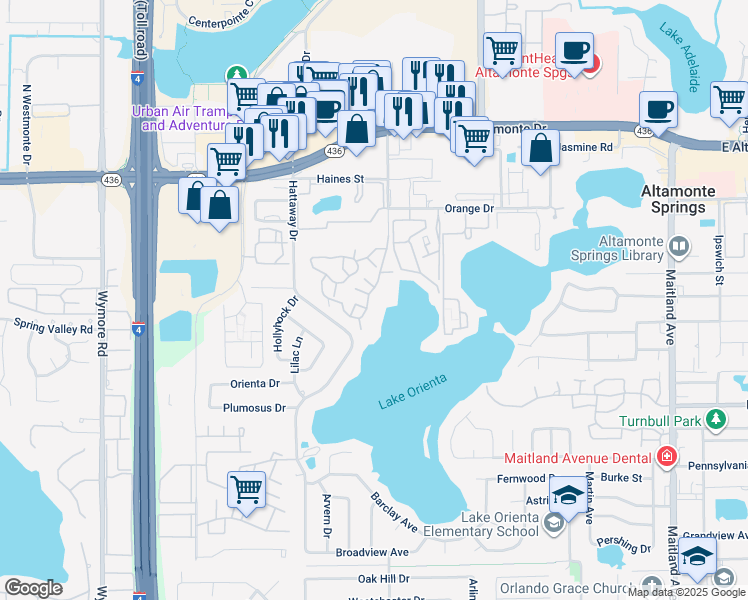 map of restaurants, bars, coffee shops, grocery stores, and more near 315 Lakepointe Drive in Altamonte Springs