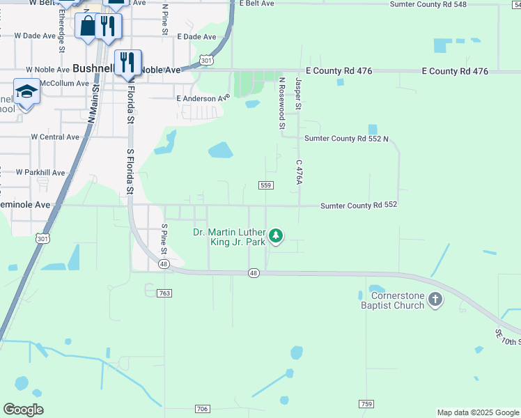 map of restaurants, bars, coffee shops, grocery stores, and more near 6762 County Road 559 in Bushnell
