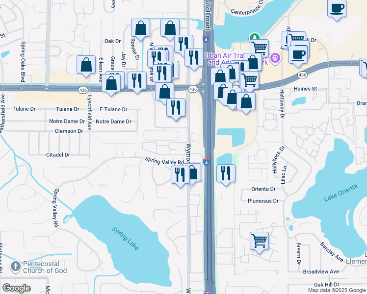 map of restaurants, bars, coffee shops, grocery stores, and more near 360 Wymore Road in Altamonte Springs