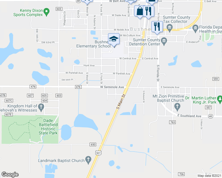 map of restaurants, bars, coffee shops, grocery stores, and more near 307 West Seminole Avenue in Bushnell