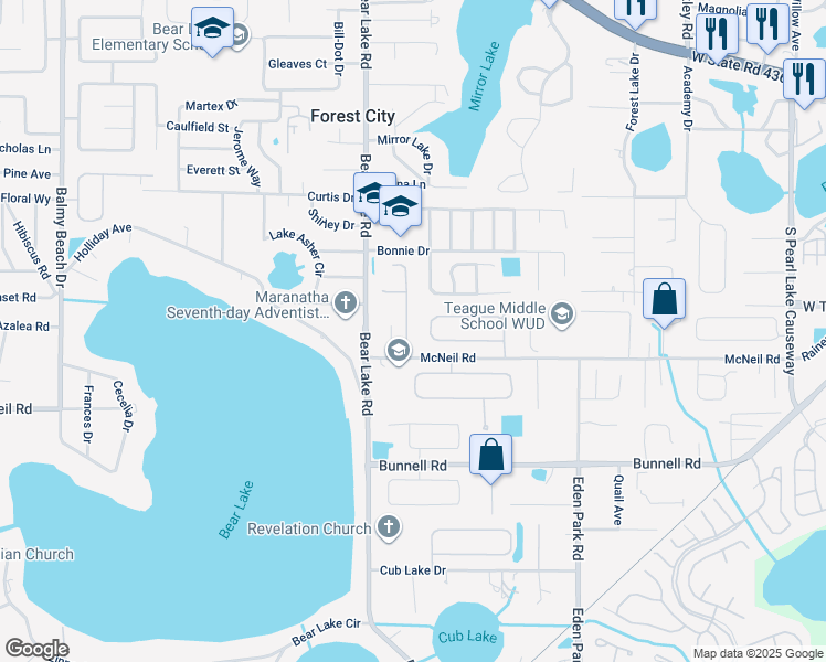 map of restaurants, bars, coffee shops, grocery stores, and more near 1361 Ballentyne Place in Apopka