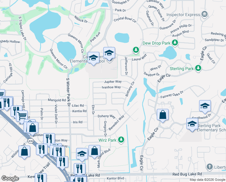 map of restaurants, bars, coffee shops, grocery stores, and more near 610 E Helm Way in Casselberry