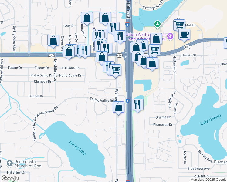 map of restaurants, bars, coffee shops, grocery stores, and more near 268 Wymore Road in Altamonte Springs