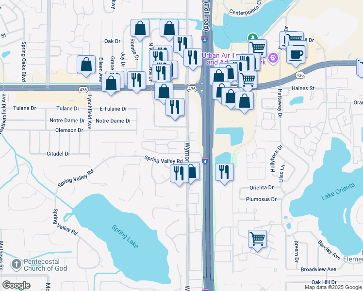 map of restaurants, bars, coffee shops, grocery stores, and more near 360 Wymore Road in Altamonte Springs