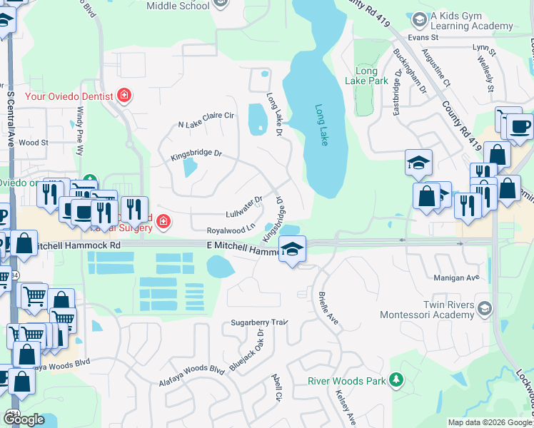 map of restaurants, bars, coffee shops, grocery stores, and more near 891 Royalwood Lane in Oviedo