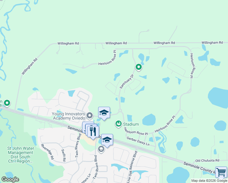 map of restaurants, bars, coffee shops, grocery stores, and more near 3235 Open Meadow Loop in Oviedo