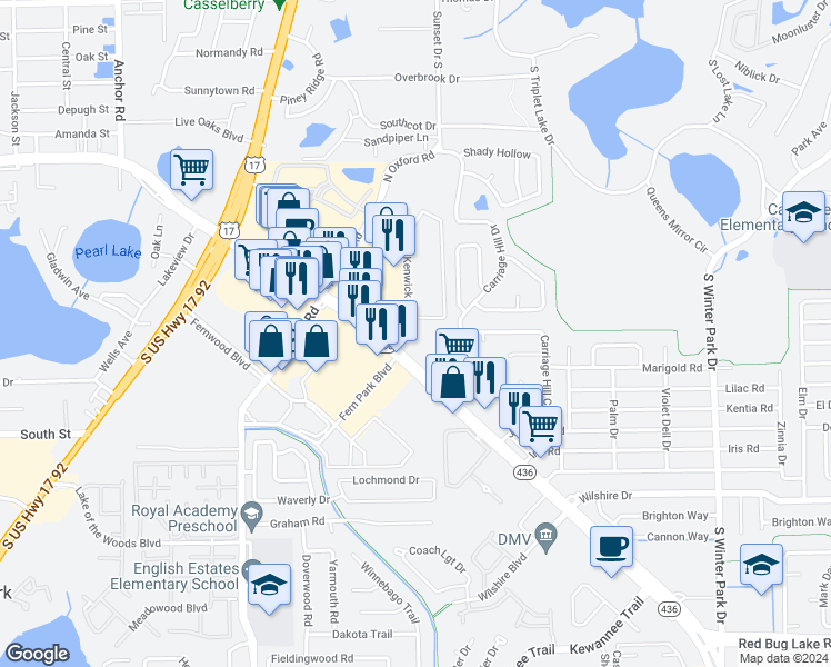 map of restaurants, bars, coffee shops, grocery stores, and more near 360 Florida 436 in Casselberry