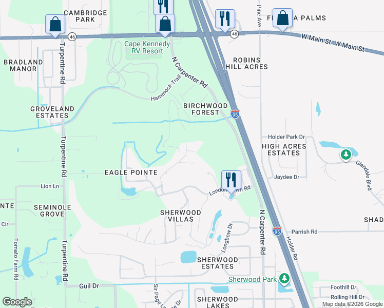 map of restaurants, bars, coffee shops, grocery stores, and more near 2177 Kings Cross Street in Titusville