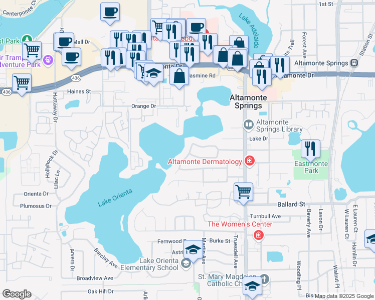 map of restaurants, bars, coffee shops, grocery stores, and more near 619 Mariner Way in Altamonte Springs
