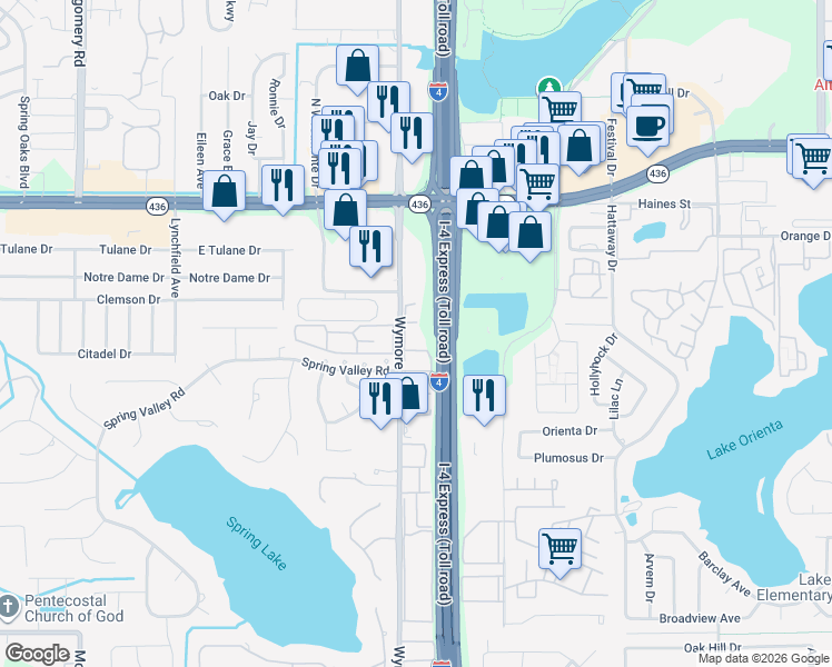map of restaurants, bars, coffee shops, grocery stores, and more near 285 Wymore Road in Altamonte Springs
