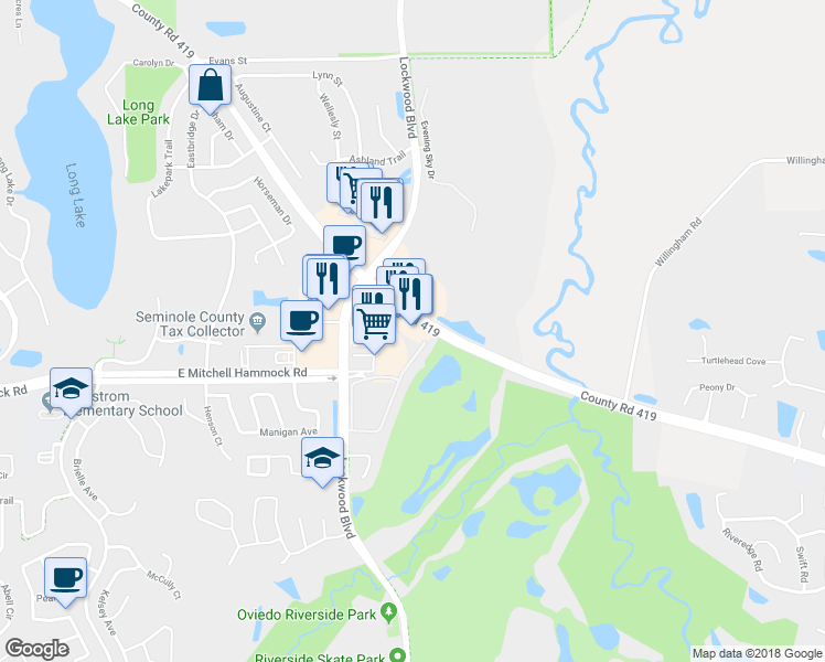 map of restaurants, bars, coffee shops, grocery stores, and more near 1875 West County Road 419 in Oviedo