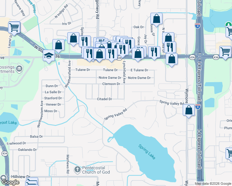 map of restaurants, bars, coffee shops, grocery stores, and more near 550 Georgia Avenue in Altamonte Springs