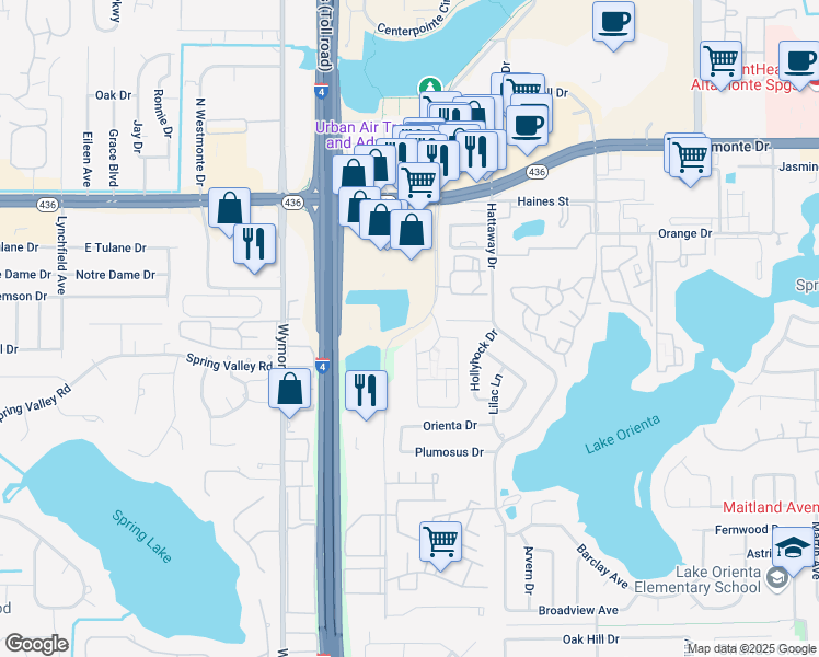 map of restaurants, bars, coffee shops, grocery stores, and more near 315 Northlake Boulevard in Altamonte Springs