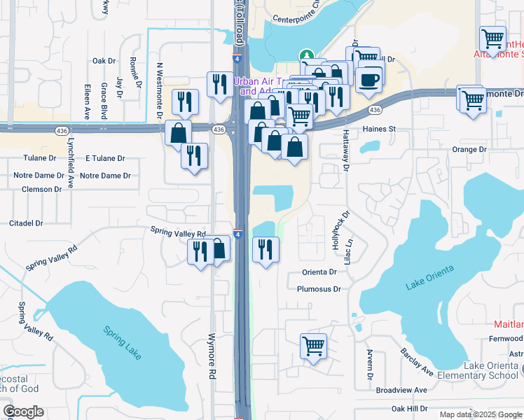 map of restaurants, bars, coffee shops, grocery stores, and more near 302 Northlake Boulevard in Altamonte Springs