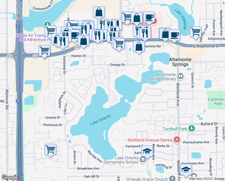 map of restaurants, bars, coffee shops, grocery stores, and more near 532 Orange Drive in Altamonte Springs