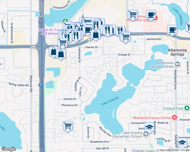 map of restaurants, bars, coffee shops, grocery stores, and more near 366 Waterside Drive in Altamonte Springs