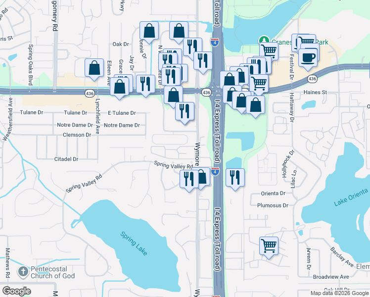 map of restaurants, bars, coffee shops, grocery stores, and more near 268 Wymore Road in Altamonte Springs