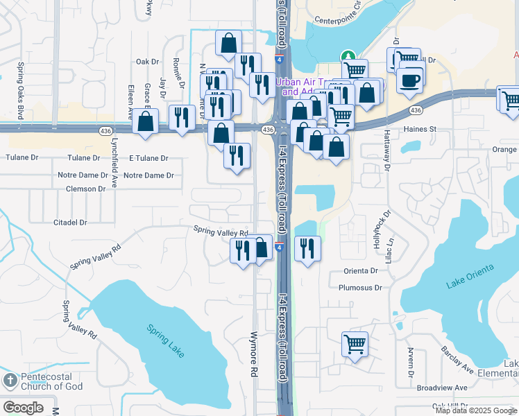 map of restaurants, bars, coffee shops, grocery stores, and more near 285 Wymore Road in Altamonte Springs