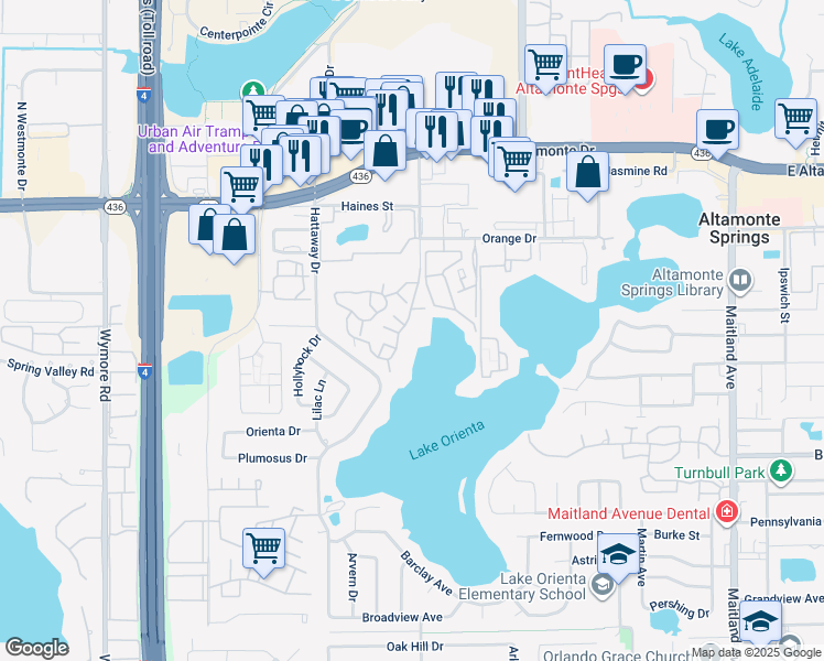 map of restaurants, bars, coffee shops, grocery stores, and more near 315 Lakepointe Drive in Altamonte Springs