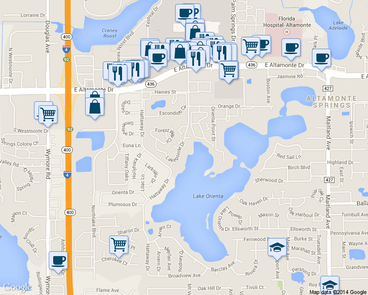 map of restaurants, bars, coffee shops, grocery stores, and more near 315 Lakepointe Drive in Altamonte Springs