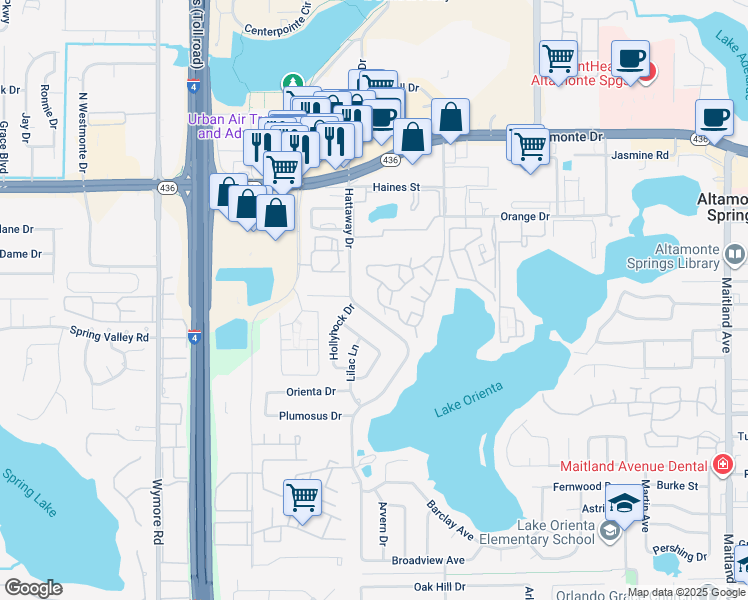 map of restaurants, bars, coffee shops, grocery stores, and more near 415 Lakepointe Drive in Altamonte Springs