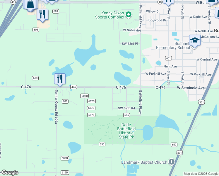 map of restaurants, bars, coffee shops, grocery stores, and more near 1523 County Road 476 in Bushnell