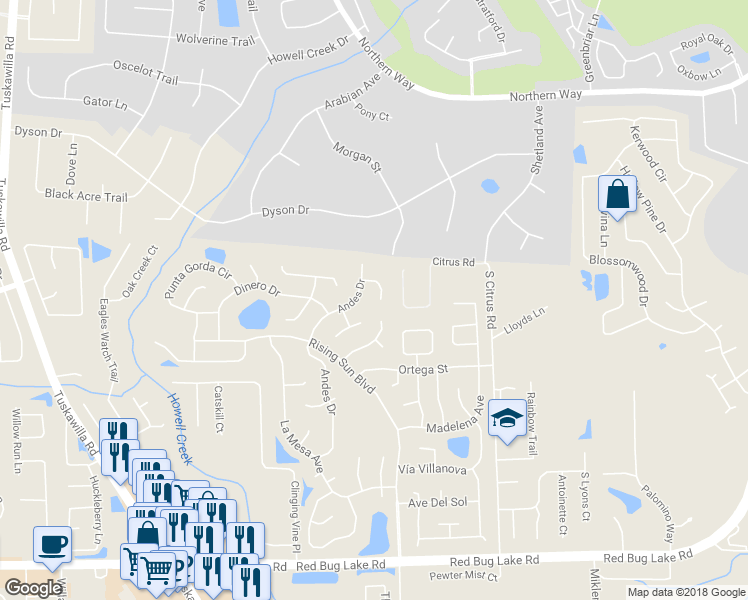 map of restaurants, bars, coffee shops, grocery stores, and more near 927 Ardillita Court in Winter Springs
