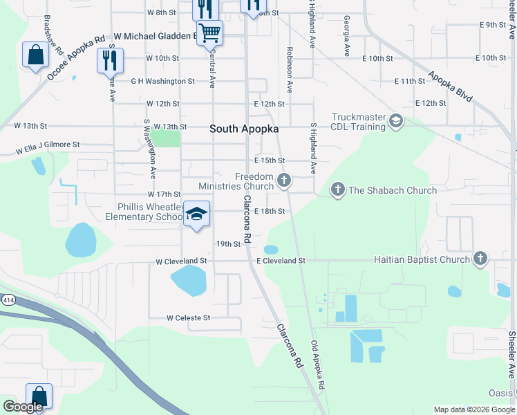 map of restaurants, bars, coffee shops, grocery stores, and more near 163 East 18th Street in Apopka