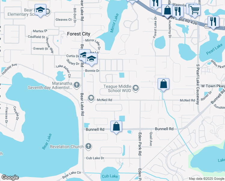 map of restaurants, bars, coffee shops, grocery stores, and more near 3856 Brantley Place Circle in Apopka