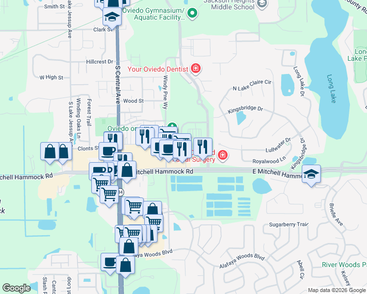 map of restaurants, bars, coffee shops, grocery stores, and more near 7733 Center Lake Lane in Oviedo