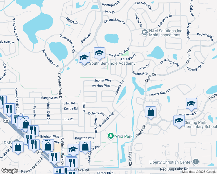 map of restaurants, bars, coffee shops, grocery stores, and more near 632 East Helm Way in Casselberry