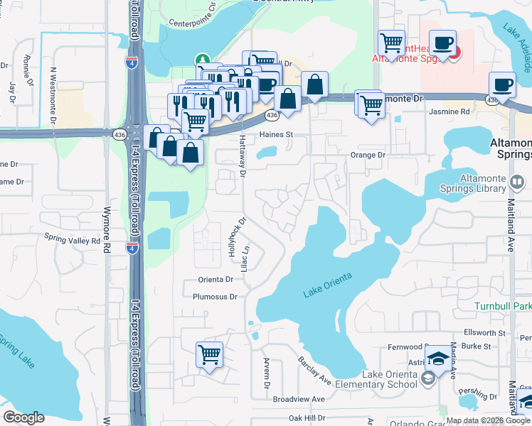 map of restaurants, bars, coffee shops, grocery stores, and more near 415 Lakepointe Drive in Altamonte Springs